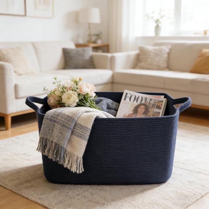 65L Large Blanket Basket,21"x16"x12" Rectangle Storage Bin with Handles,Woven Rope Laundry Basket for Toys, Clothes,Pillows,M