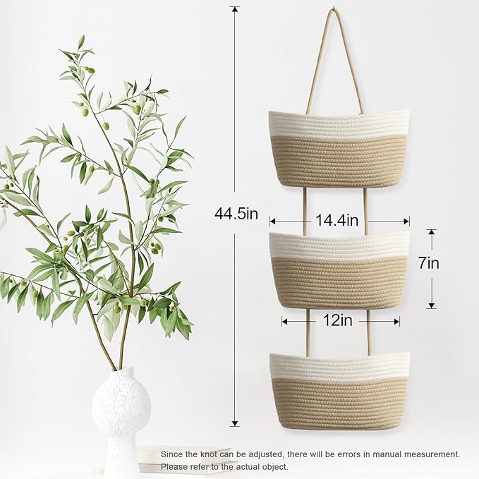 TeoKJ Over the Door Hanging Basket, 3-Tier Woven Cotton Wall-Mounted Storage Organizer Bag Decorative Hanging Nursery Baskets