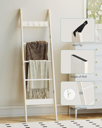 Hzuaneri Blanket Ladder Shelf for Living Room, Decorative Quilt Rack with 4 Removable Hooks, 5-Tier Farmhouse Ladder Holder O
