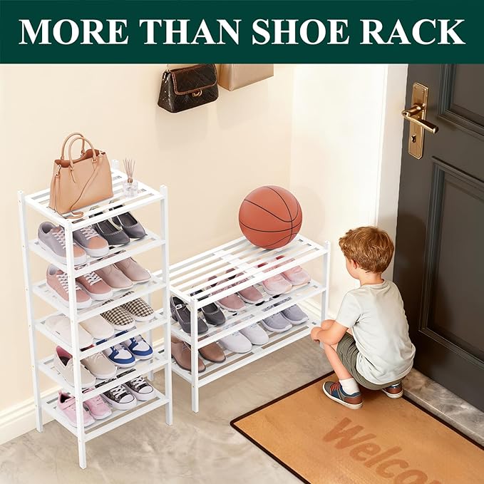 Smiry Small Bamboo Shoe Rack 3-Tier, Stackable Wooden Shoe Organizer for Entryway & Closet, Free Standing Wood Shoe Storage S