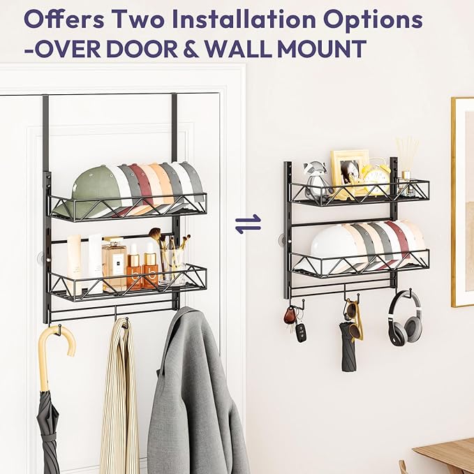 SWTYMIKI Over Door Hat Organizer - 3 Tier Wall Mounted Hat Rack with 2 Adjustable Metal Basket and 3 Hooks, Hanging Baseball 