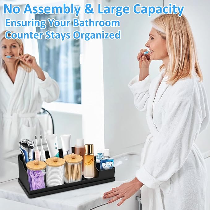 Bathroom Counter Organizer, Black Silicone Toothbrush Holders for Bathrooms Organizer Countertop with 3PCS Qtip Holder, Tooth