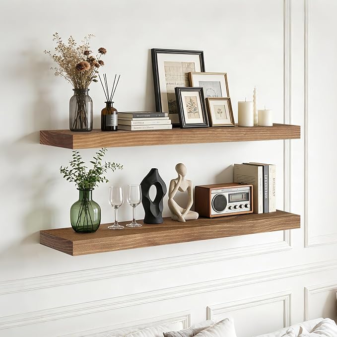 Floating Wall Shelf 36x6.8x1.7 Inch – Solid Wood Shelf in Dark Oak Finish – Heavy Duty Wall Mounted Rustic Display Shelf for 