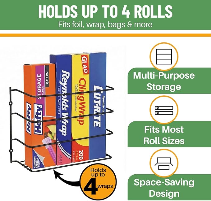 Evelots Kitchen Wrap Organizer - 2 Pack - Hold up to 4 Plastic, Foil, Paper, Wax - Cabinet Door, Wall Rack Basket - Sandwich,