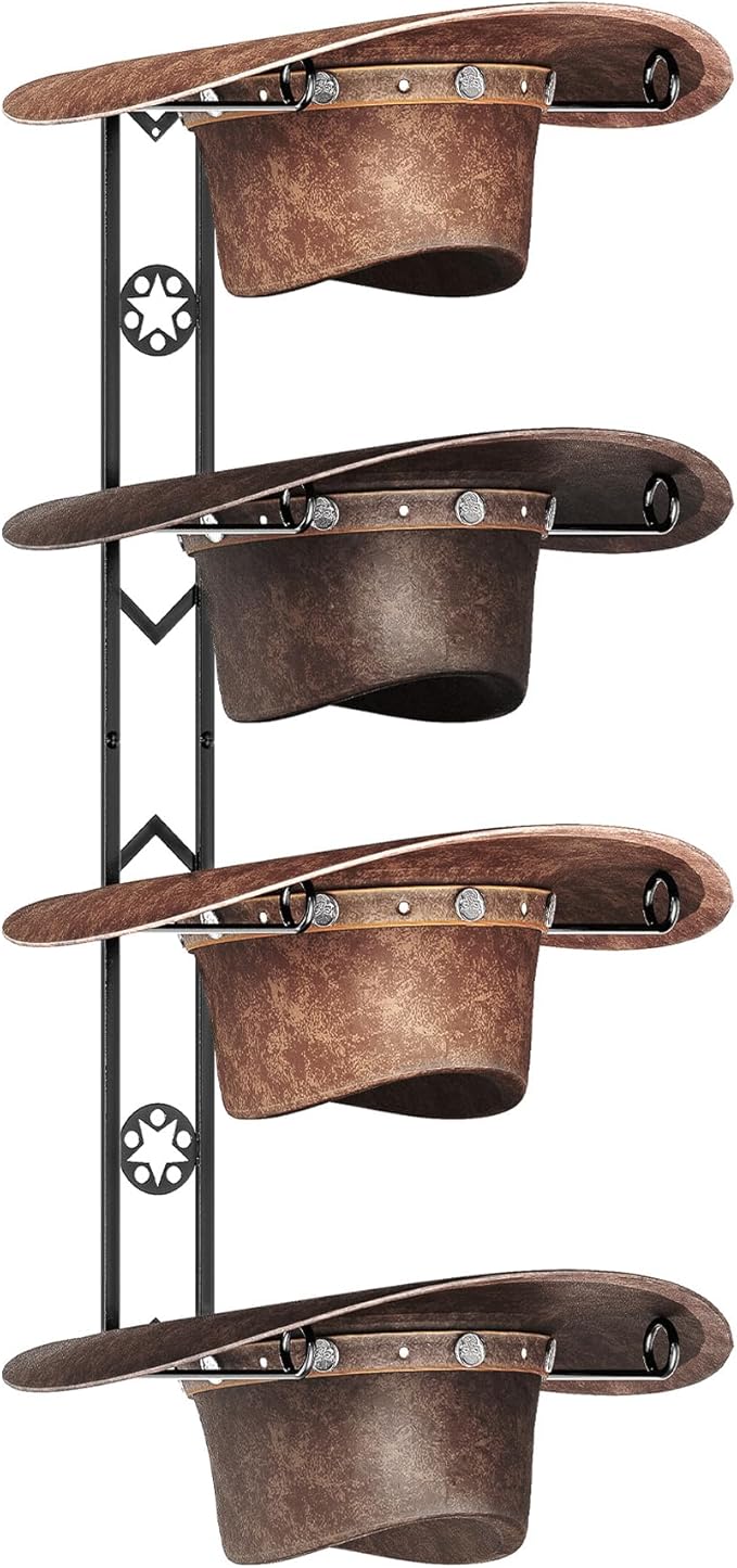 4 Pieces Cowboy Hat Organizer Hangers for Wall, Western Hat Rack Wall Mounted with Decorative Star, Metal Cowboy Hat Holder f