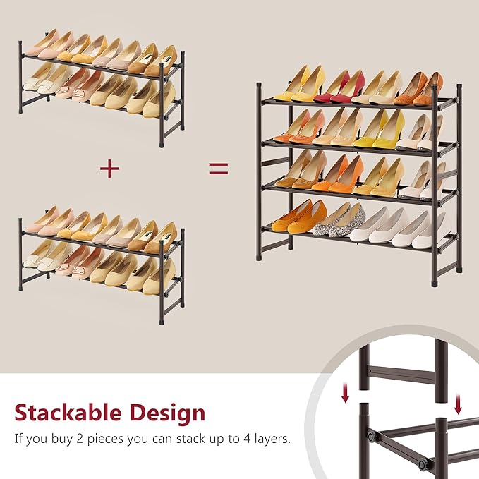 Tajsoon 2 Tier Expandable Shoe Rack for Closet, 28“-41“Adjustable & Stackable Shoe Shelf Storage, Metal Shoe Rack Organizer f