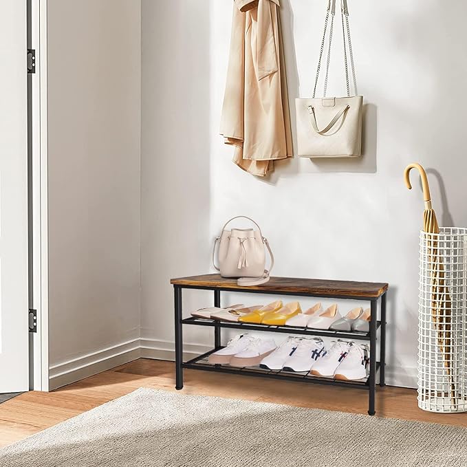 3-Tier Metal Shoe Rack with Wood Top - Durable & Space-Saving Shoe Organizer,Industrial Shoe Organizer Shelf Bench Storagefor
