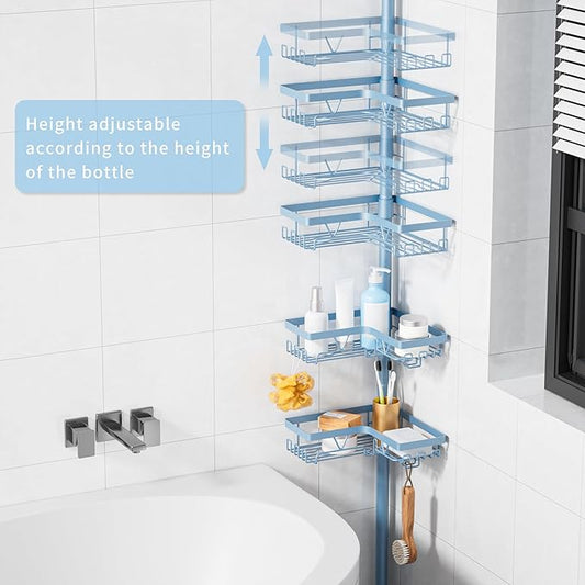 KEGII Shower Caddy Tension Pole, 4-Tier Rustproof Adjustable Corner Bathroom Organizer for Renters, 25–114.2 Inch No Drill Sp