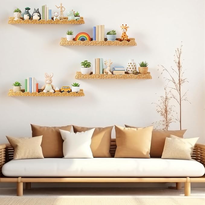 Pinkunn 4 Pcs Nursery Book Shelves 35.4 Inch Rattan Scalloped Floating Bookshelves Wicker Boho Book Shelf for Wall Mounted De