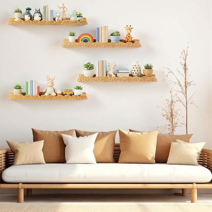 Pinkunn 4 Pcs Nursery Book Shelves 35.4 Inch Rattan Scalloped Floating Bookshelves Wicker Boho Book Shelf for Wall Mounted De