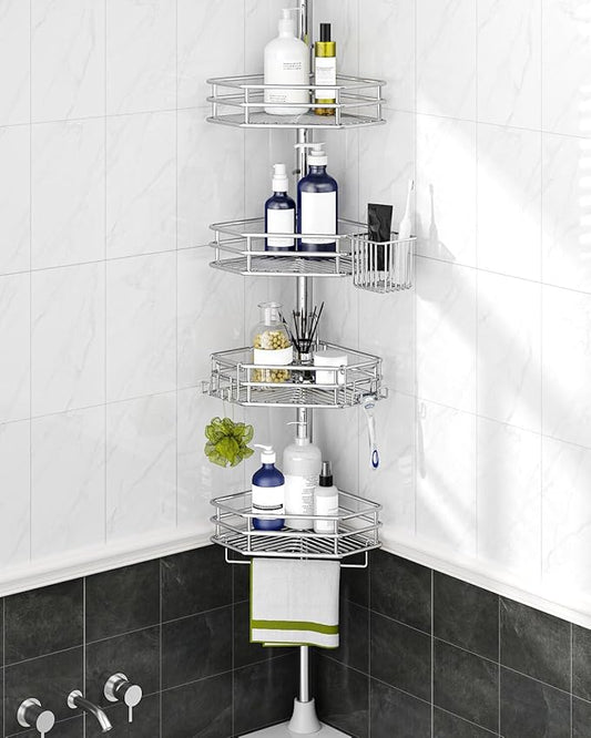 SEIRIONE Corner Shower Caddy Tension Pole, Quick Setup, Rust-Free Bathroom Shower Organizer Corner for Bathtub Shampoo Storag