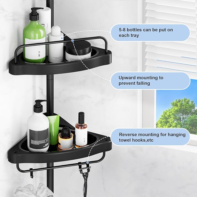 HAMITOR Corner Shower Caddy Tension Pole: 4 Tier Shampoo Storage Organizer for Inside Shower - Telescoping Rod Shower Rack fo