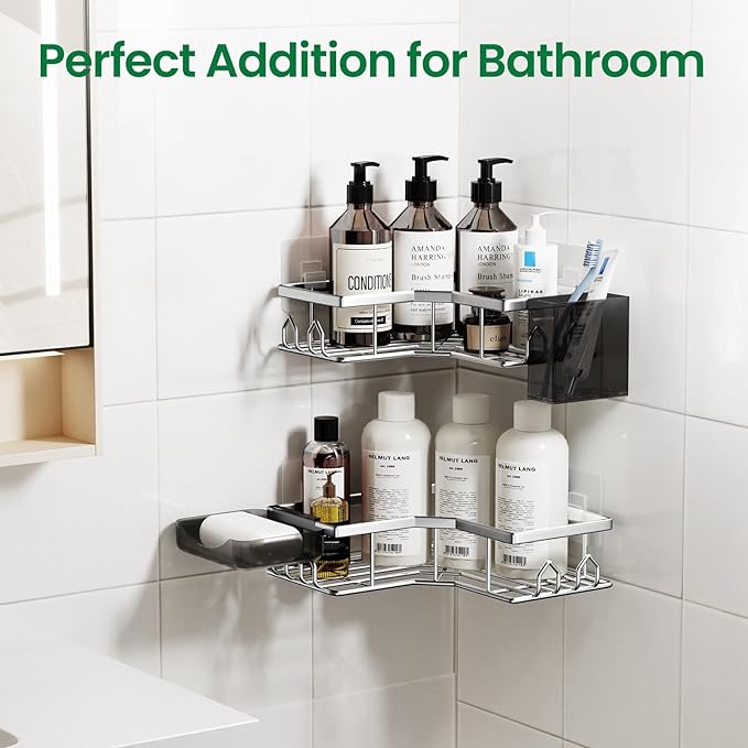Adhesive Shower Caddy, 4 Pack Corner Bath Organizer, Rustproof Stainless Steel Shower Shelves with Large Capacity, No Drillin