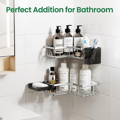 Adhesive Shower Caddy, 4 Pack Corner Bath Organizer, Rustproof Stainless Steel Shower Shelves with Large Capacity, No Drillin