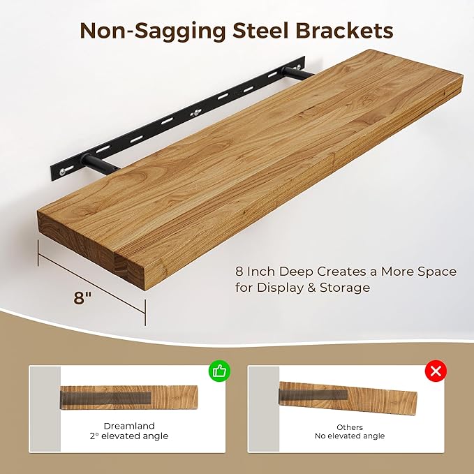 Dreamland 24 Inch Floating Shelves, Rustic Elm Wood Wall Shelf for Home Decor, 8 Inch Deep Floating Shelf for Wall, 24 x 8 Ba