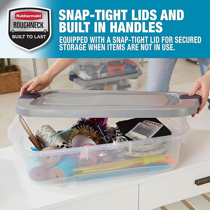 Rubbermaid Roughneck Clear 31 Qt/ 7.75 Gal Storage Containers, Pack of 6 with Snap-Fit Grey Lids, Visible Base, Sturdy and St