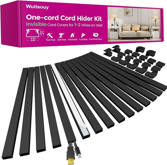 Cord Hider, 212.6in Cord Covers for 1-2 Wires on Wall, Paintable Wire Hider Wire Covers for Cords on Walls, Easy Set-up Cable Hider Cable Raceway to Hide Cords on Wall, W0.59 H0.4in, Black