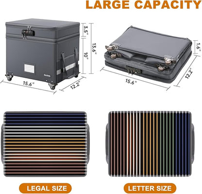 DocSafe Fireproof Document Box with Lock,2-Layer File Box with Wheels,Collapsible File Storage Organizer with Pockets,Large P
