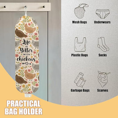 2 Pcs Chicken Plastic Bag Holder, Funny Chickens Grocery Bag Holder Plastic Storage bag, Pull Rope Free Adjustment, Floral Grocery Bags Storage Dispenser for Home Kitchen, Chicken Gifts for Women