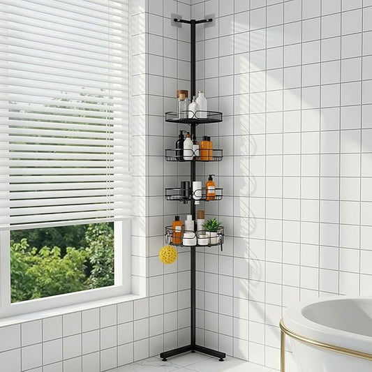 Standing Shower Caddy, 4-Tier Adjustable Height Bathroom Organizer, 6-Section Pole, Sturdy Floor Standing Shelf for Shower or