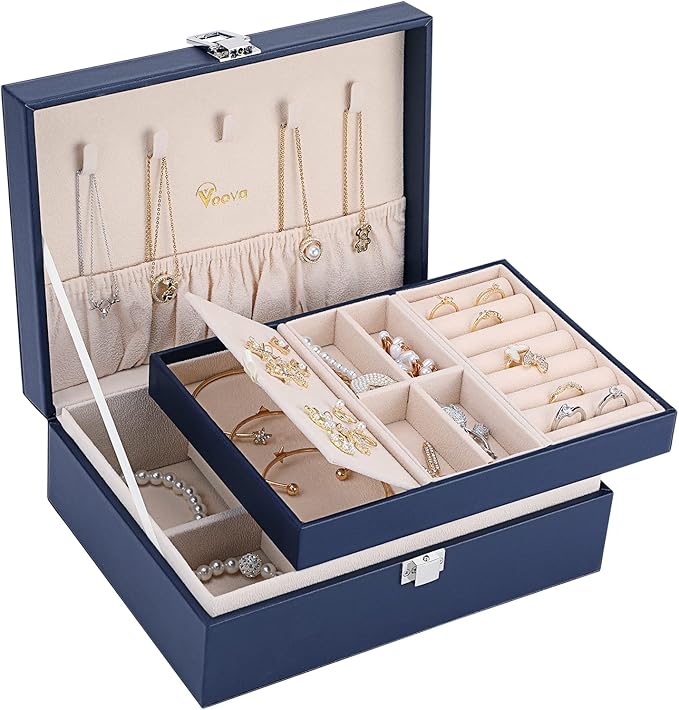 Voova Jewelry Box Organizer for Women Girls, 2 Layer Large Men Jewelry Storage Case,PU Leather Display Jewellery Holder with 