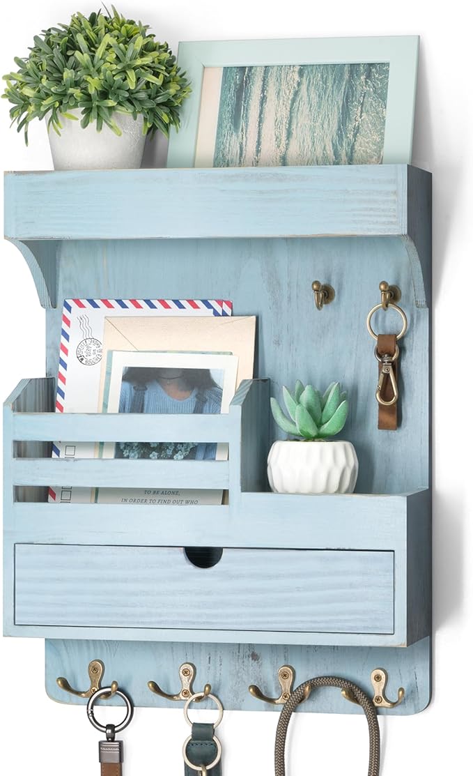 Rebee Vision Farmhouse Key Holder Wall Mount with Drawer Organizer – Pine Wooden Mail & Key Organizer with 6 Sturdy Hooks & F