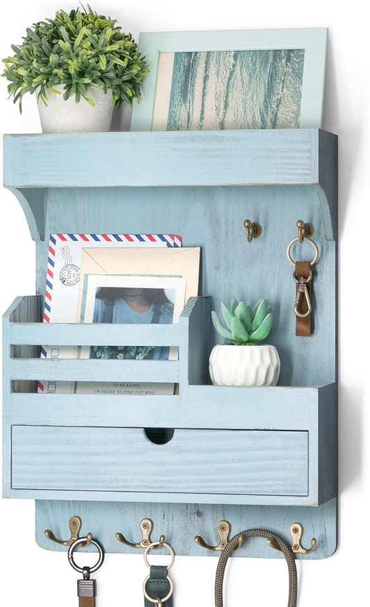 Rebee Vision Farmhouse Key Holder Wall Mount with Drawer Organizer – Pine Wooden Mail & Key Organizer with 6 Sturdy Hooks & F