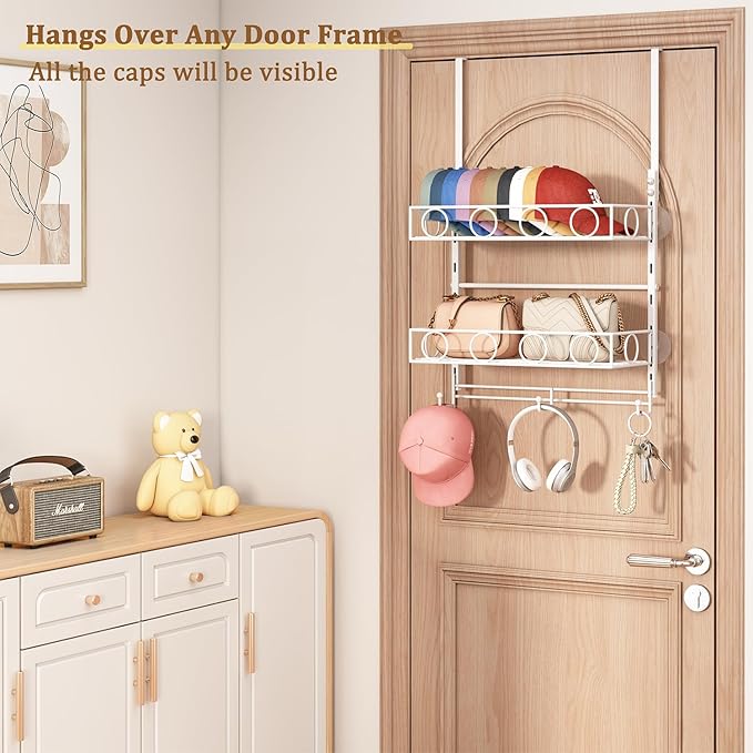 Over Door Hat Organizer 3 Tier Wall Mounted Hat Rack with 2 Adjustable Metal Basket and 3 Hooks Hat Organizer for Baseball ca