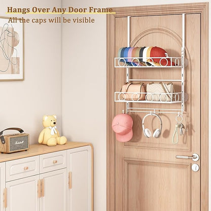 Over Door Hat Organizer 3 Tier Wall Mounted Hat Rack with 2 Adjustable Metal Basket and 3 Hooks Hat Organizer for Baseball ca
