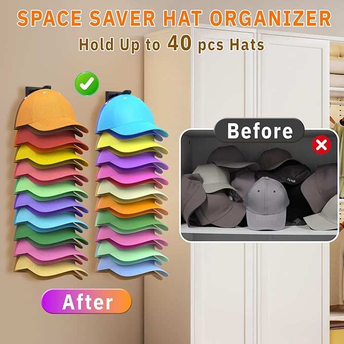 Volnamal Hat Organizer for Baseball Caps, 2 Pack Hold Up to 40 Hats, Hat Rack for Wall Space Saving, Hat Hanger w/Strong Adhe