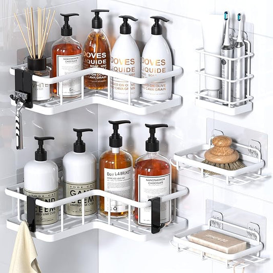 YASONIC Corner Shower Caddy, 5-Pack Adhesive Rustproof Stainless Steel Shower Organizer with Soap Holder, No Drilling Shower 