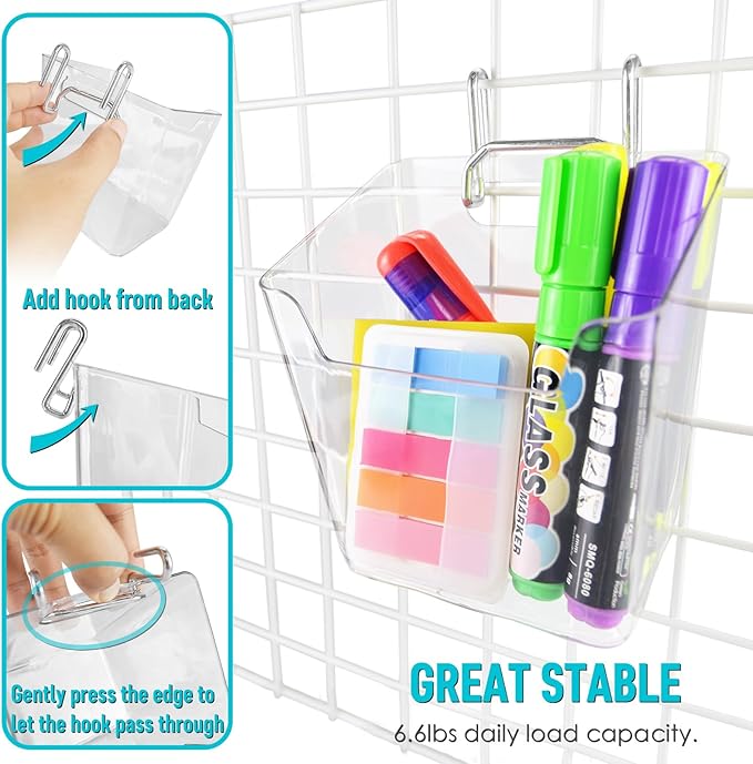 G.CORE Large Grid Wall Bins - 6Pack Clear Gridwall Accessories Hanging Cups with Back Hooks - Plastic Grid Wall Panels Organi