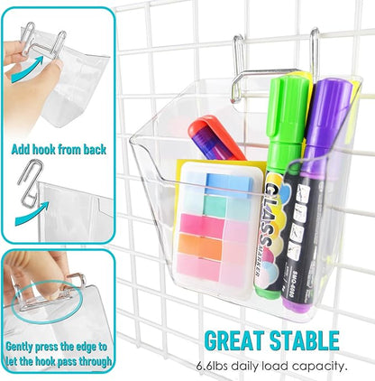 G.CORE Large Grid Wall Bins - 6Pack Clear Gridwall Accessories Hanging Cups with Back Hooks - Plastic Grid Wall Panels Organi