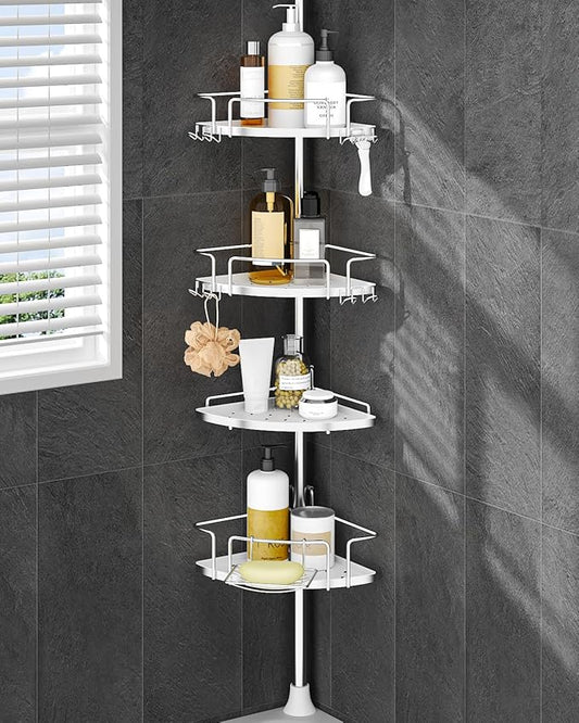ALLZONE Corner Shower Caddy Tension Pole, 4 Repositionable Hang-On Baskets with Mixed-Height Shelves for Various Bottle Sizes