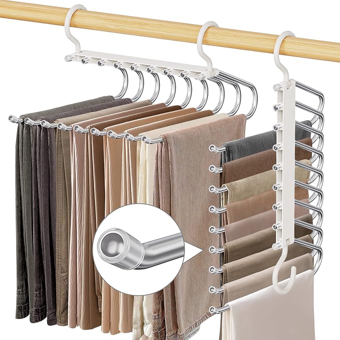 Upgrade 9 Layers Pants Hangers Space Saving, 2 Pack Pant Hangers Organizer Multifunctional Pants Rack Space Saver Closet Orga