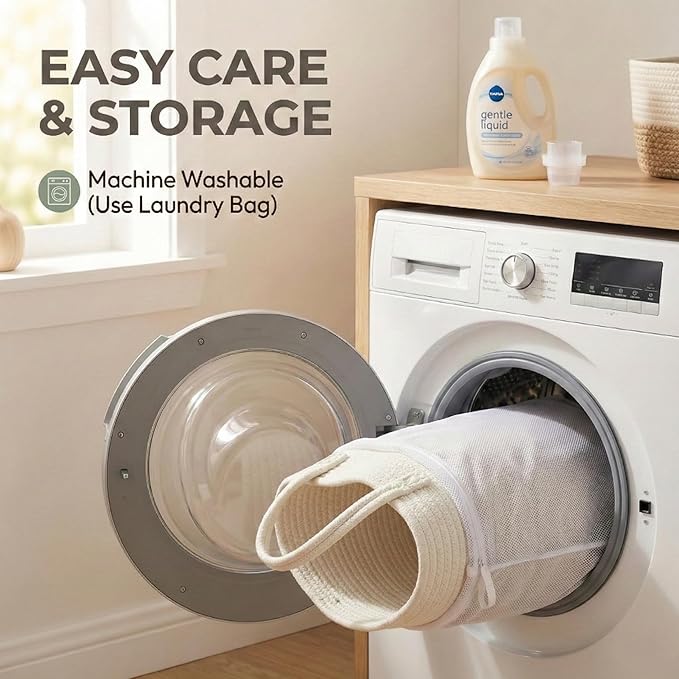 JMvicyroam 65L Extra Large Blanket Basket for Living Room - Woven Cotton Rope Laundry Hamper with Reinforced Handles - Storag