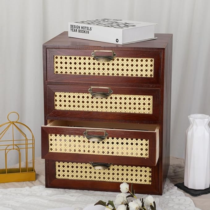 Large Wooden Storage Box with Drawers (Boho Apothecary Cabinet, Rattan Frame, Brown)