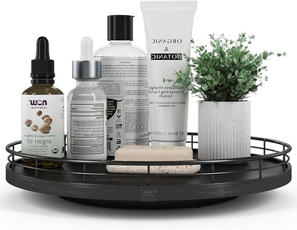 12" Oak Bathroom Vanity Tray Turntable for Perfume Candle, Round Wooden Decorative Tray for Kitchen Sink Countertop Organizer