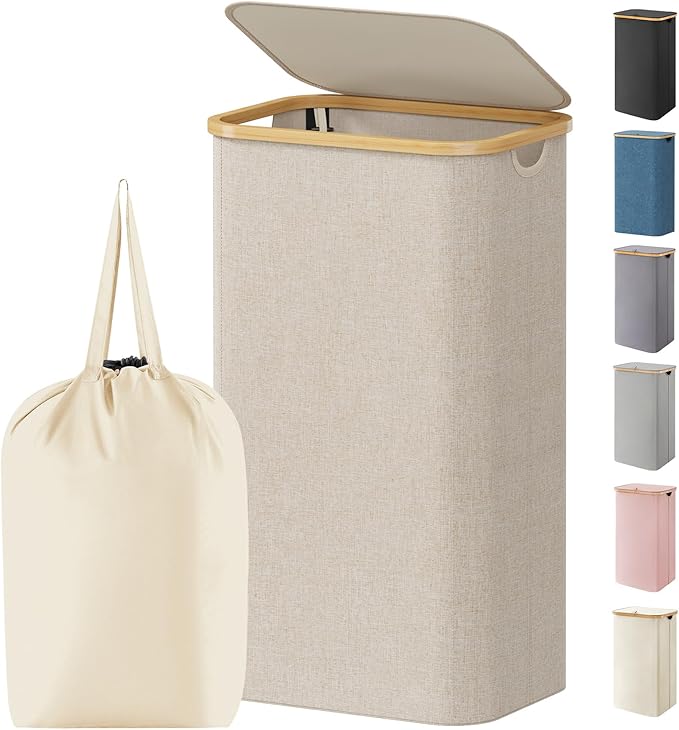 Lifewit 100L Laundry Basket with Lid, Clothes Hampers for Laundry with Bamboo Handles and 1 Removable Bag, Large Foldable Lau
