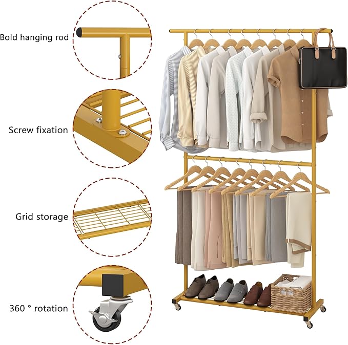 Sywhitta Double Rod Clothing Garment Rack, Rolling Coat Hanger with Bottom Mesh, Clothing Rack for Hanging Clothes, Coats, Sk