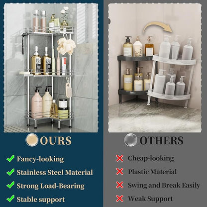 Consumest Corner Shower Caddy Standing - 3-Tier Stainless Steel Shower Organizer with Soap Holder and 4 Hooks, Large Capacity