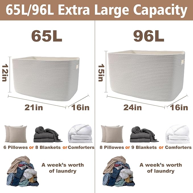 JMvicyroam Woven Blanket Basket,96L Large Storage Bin for Blankets Toys Clothes,Decorative Rope Basket for Living Room Bedroo