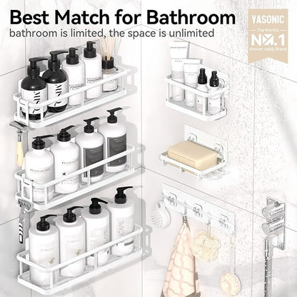 YASONIC Shower Caddy, 6 Pack Large Capacity shower organizer with Soap Holder and 12 Hooks, Rustproof Shelves for Inside Show