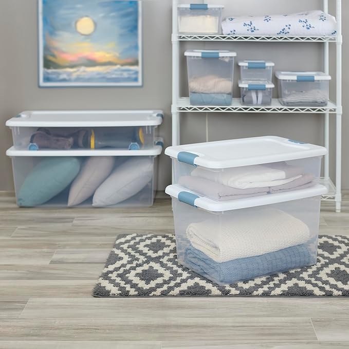 Sterilite 12-Pack Latching Box, Under Bed Storage Bins with Lids, Clear Plastic, 32 Quart - Heavy-Duty Organizing Containers 