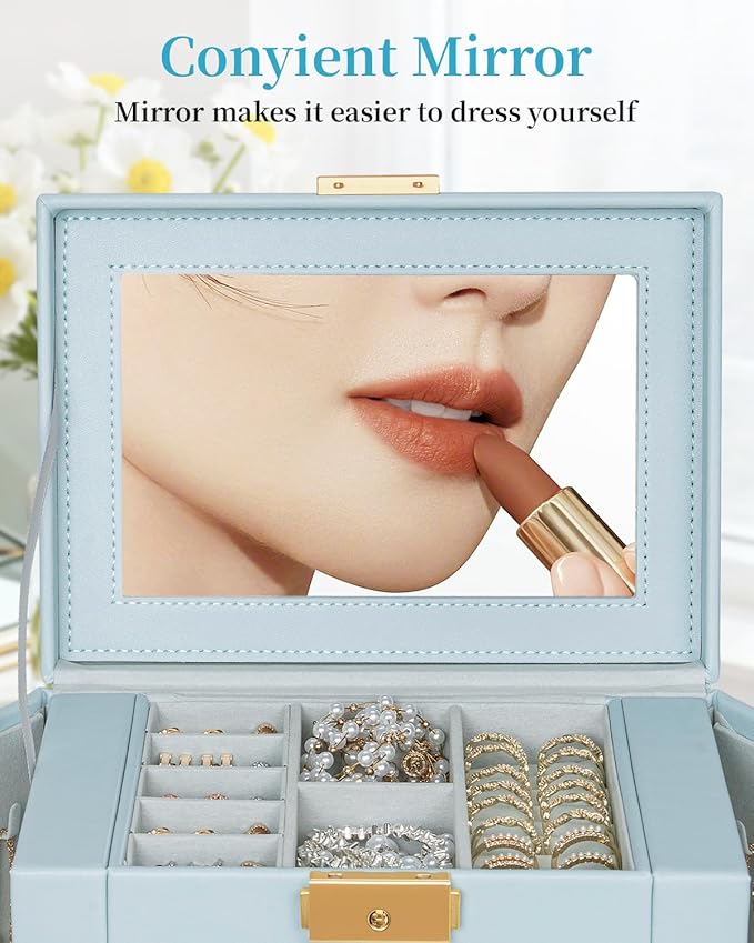 TORIBIO Jewelry Box for Women, Leather Jewelry Organizer with Mirror & Lock, 5-Tier Jewelry Storage Organizer with 4 Drawers 