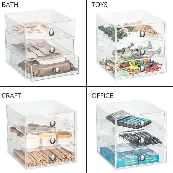 iDesign Stackable 3-Drawer Makeup Organizer for Bathroom or Vanity Storage - Set of 2 - Clear