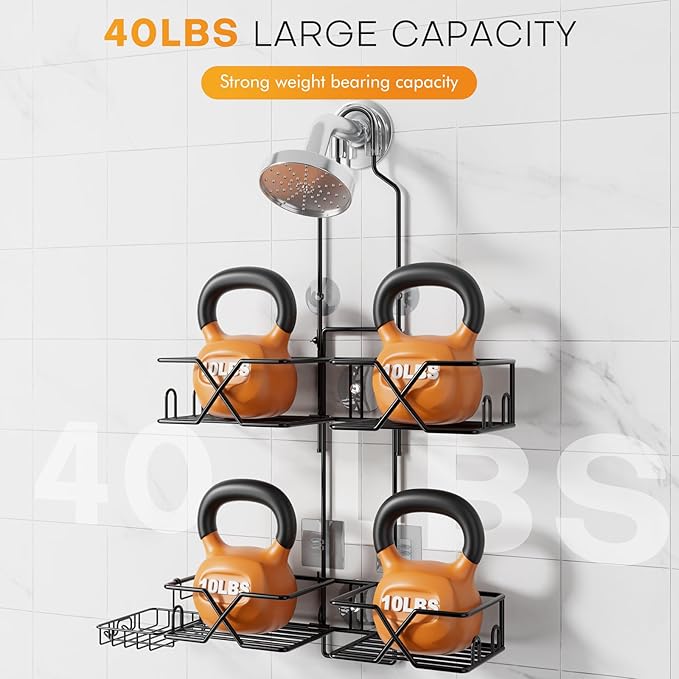 Adjustable Height Shower Caddy Hanging for Handheld Shower Heads, Shower Racks with Soap Holder 8 Hooks, No-Drilling, Anti-Sw
