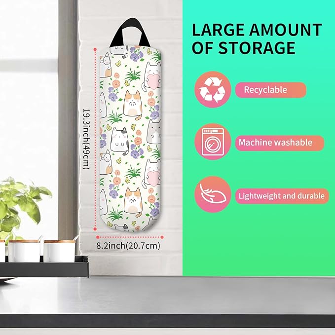 Plastic Bag Holder, Wall Mount Plastic Bag Organizer Dispenser, Reusable Grocery Bag Holder, Trash Bag Organizer for Home Kitchen Cute Cats