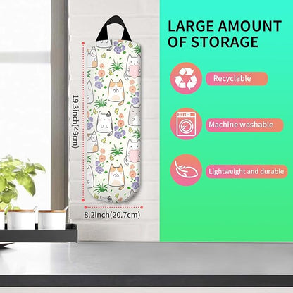 Plastic Bag Holder, Wall Mount Plastic Bag Organizer Dispenser, Reusable Grocery Bag Holder, Trash Bag Organizer for Home Kitchen Cute Cats