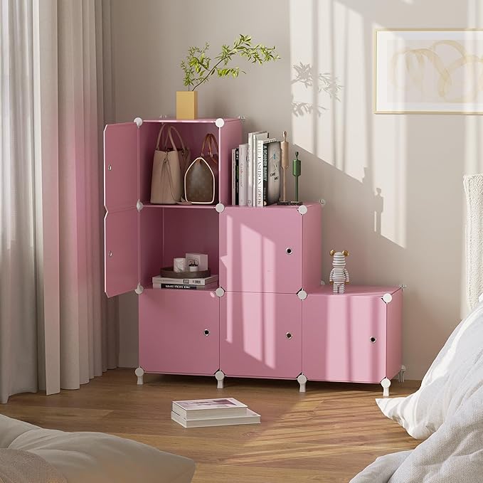 Cube Storage Organizer, 6-Cube Shelves Unit with Doors, DIY Stackable Plastic Clothes Organizer for Bedroom and Under Stairs 